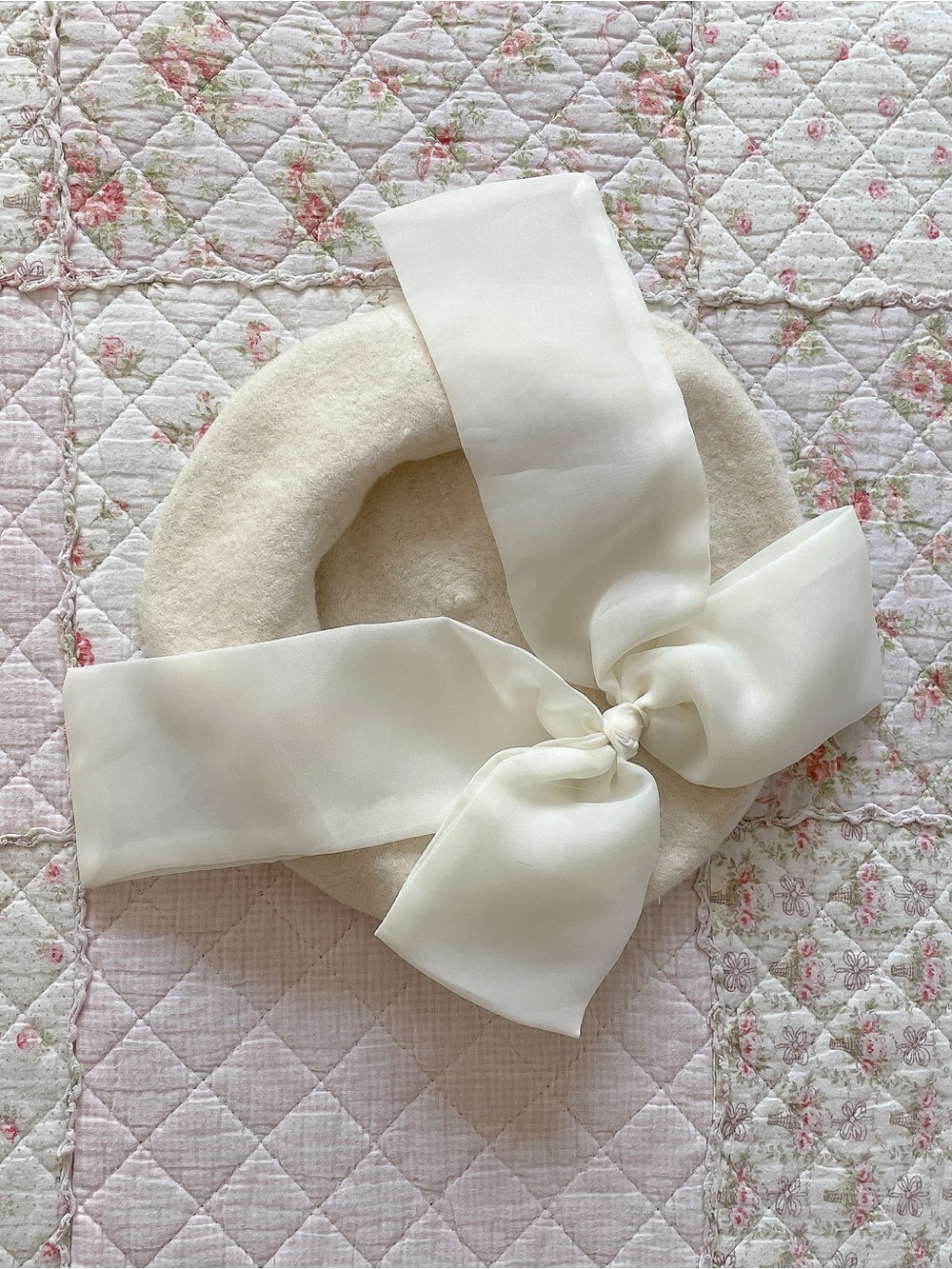 Cream Wool Beret with Oversized Ivory Bow